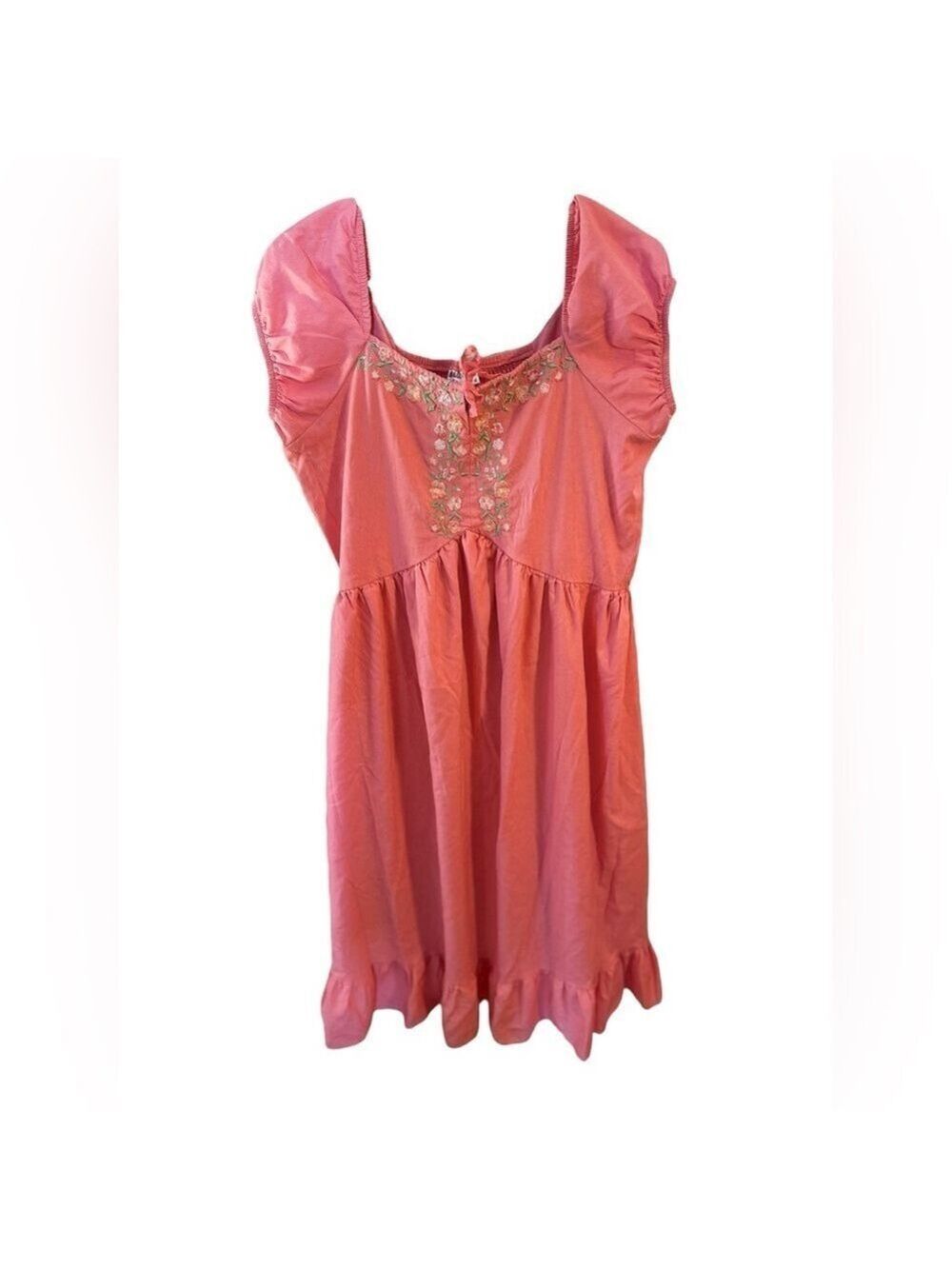 Blueberi Boulevard Embroidered Milk Maid Dress Coral Pink Puff Sleeve Ruffle Hem - Picture 5 of 10